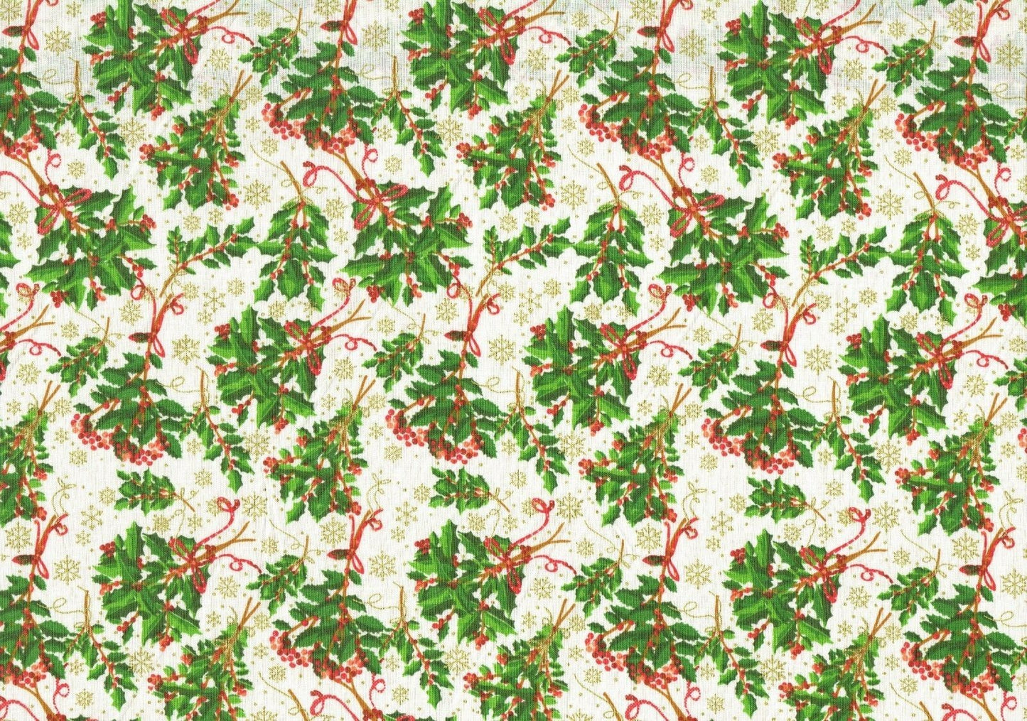 Christmas Fabric 100% Cotton Holly Ivory Gold Metallic Drapery Upholstery
