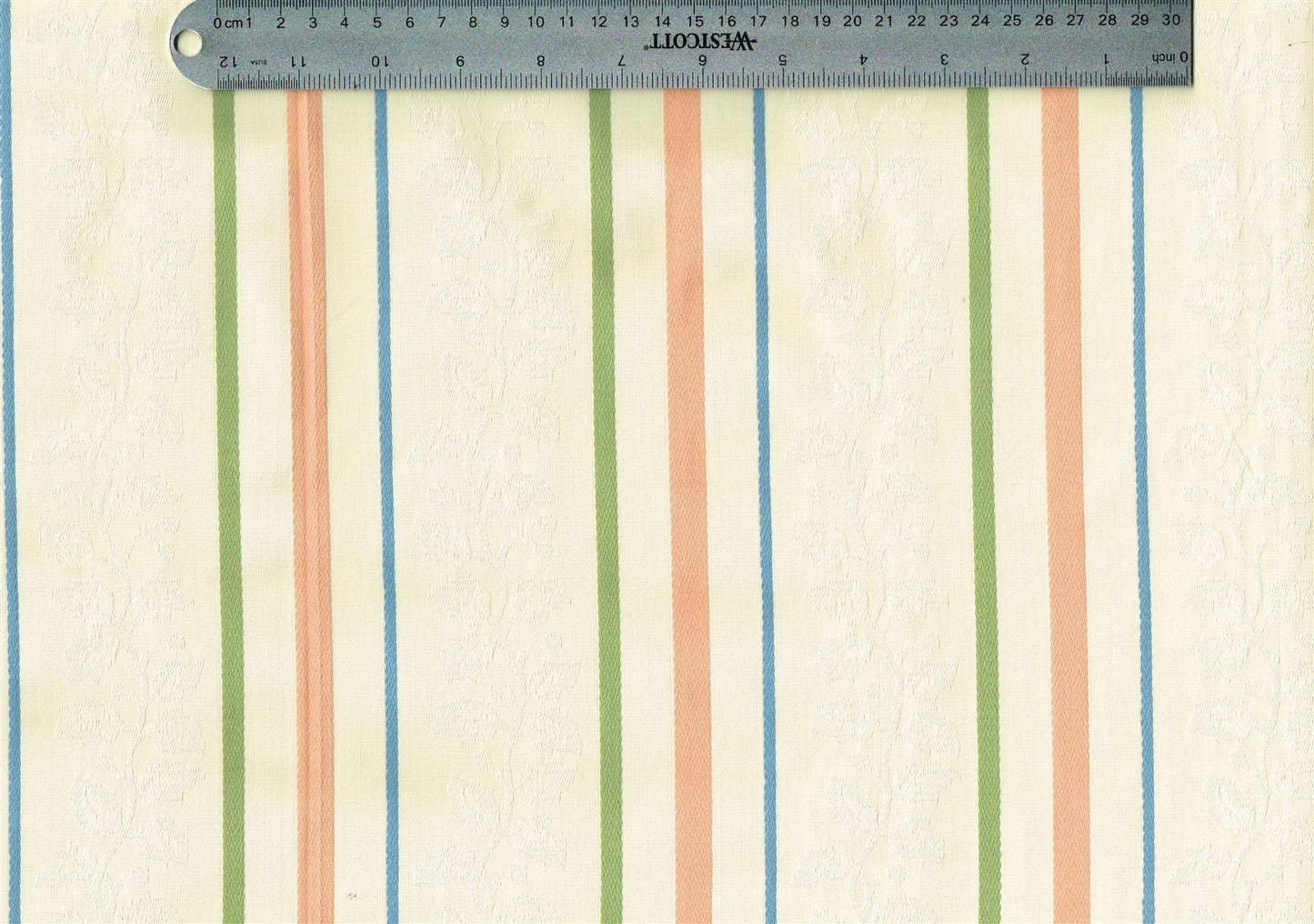 3 Yards Designer Fabric Ecru Green Coral Striped Damask Drapery Upholstery