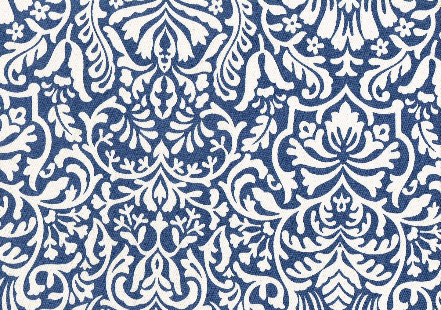 Designer Fabric Blue Off White Scroll Print Cotton Drapery Upholstery