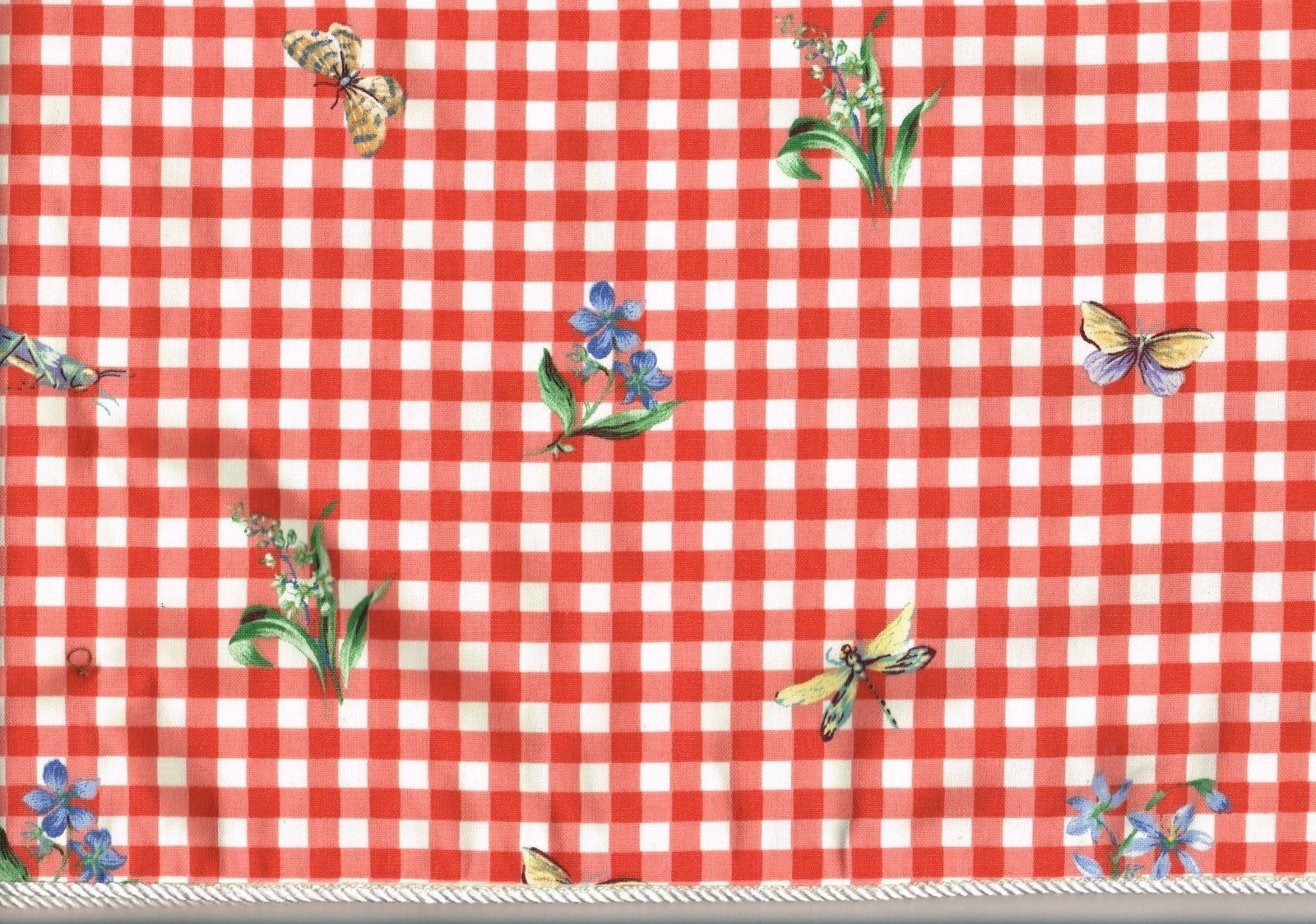 Custom Made Valance  Red and White Checked with Blue Flower Green Leaves Cotton 