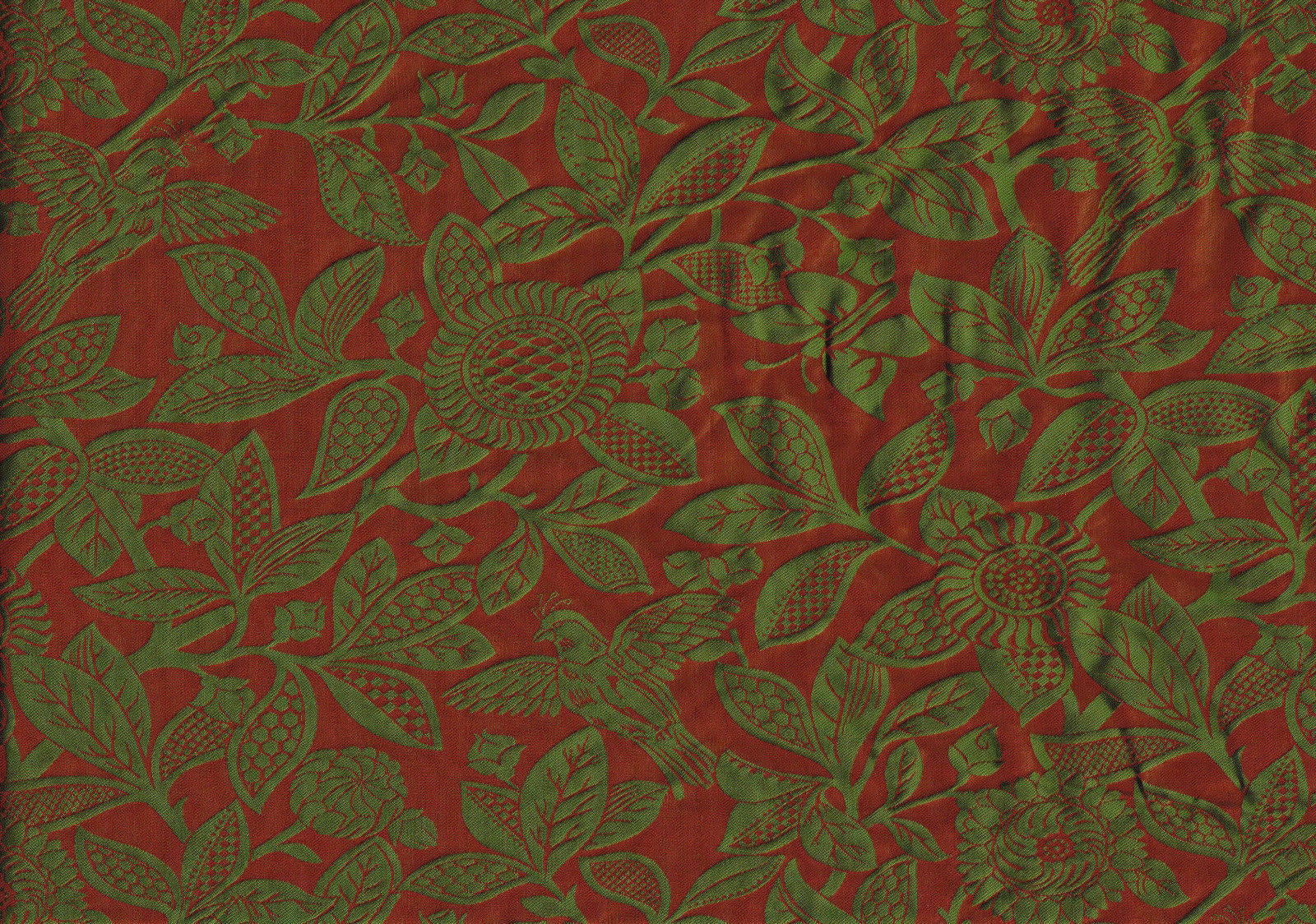  Avon Silk Fabric  100%  Silk Red Green Birds   Drapery Upholstery SZ524 J