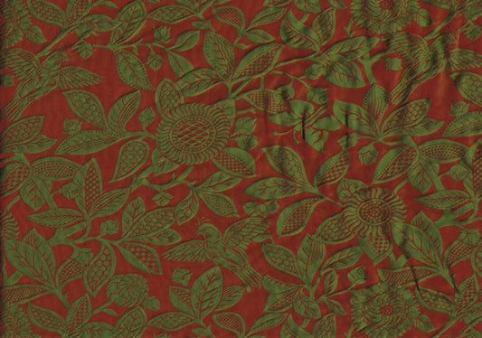  Avon Silk Fabric  100%  Silk Red Green Birds   Drapery Upholstery SZ524 J