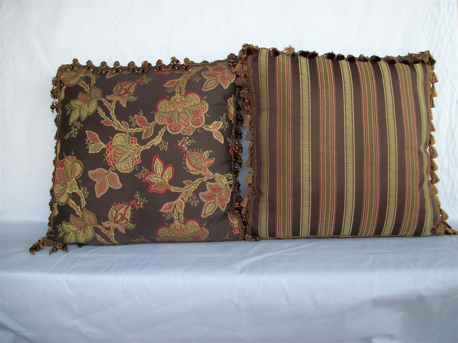 Hamilton Fabric Pair Decorator Flora Striped 22" Pillows With Trim 