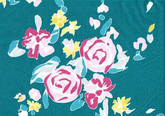 Duralee Fabrics Pennington Floral Teal Pink Rose  Cotton Drapery Upholstery  