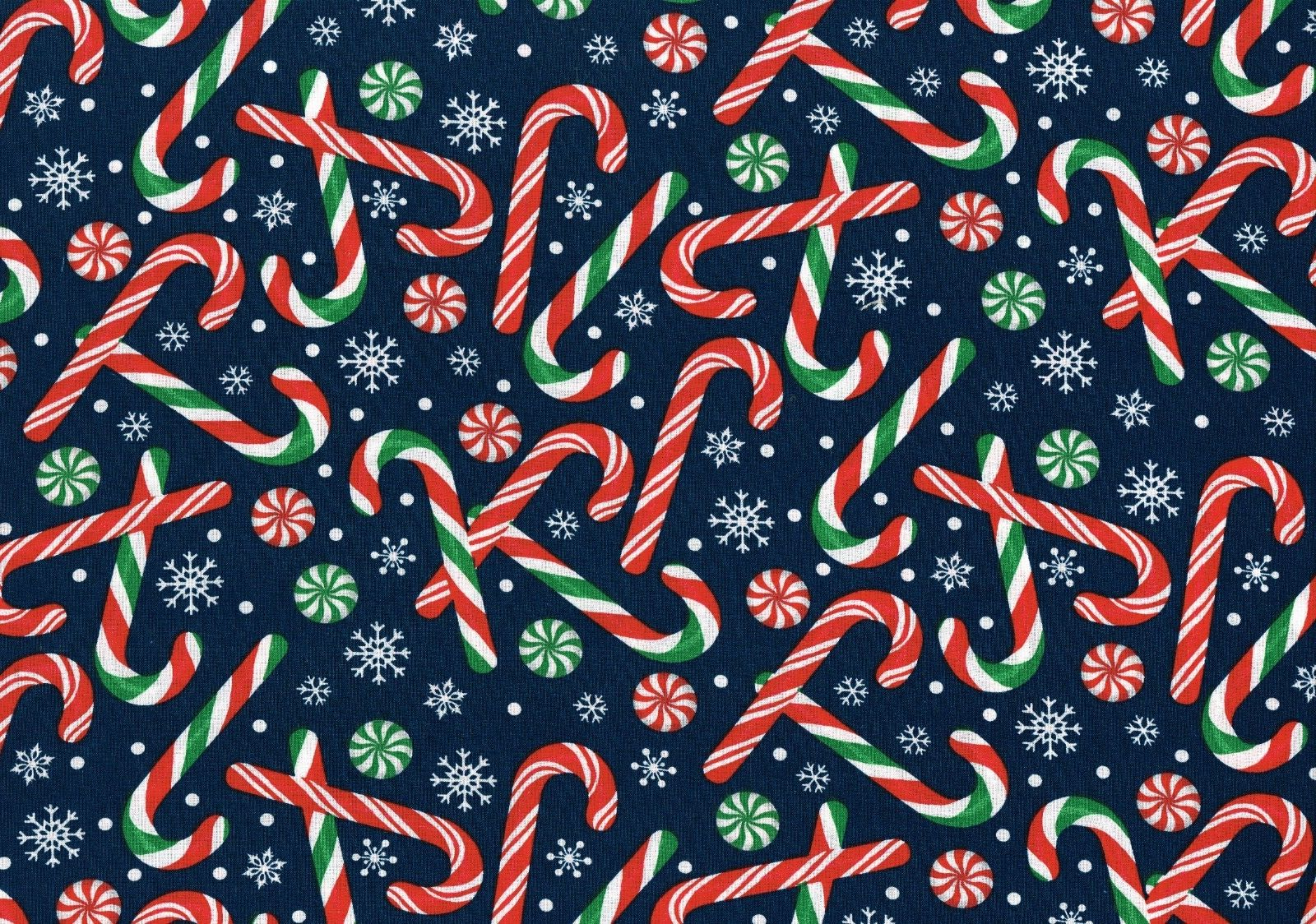 Christmas Fabric 100% Cotton Candy Canes Red Green Navy Drapery Upholstery