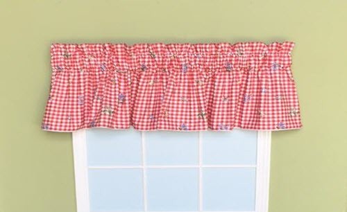 Custom Made Valance  Red and White Checked with Blue Flower Green Leaves Cotton 