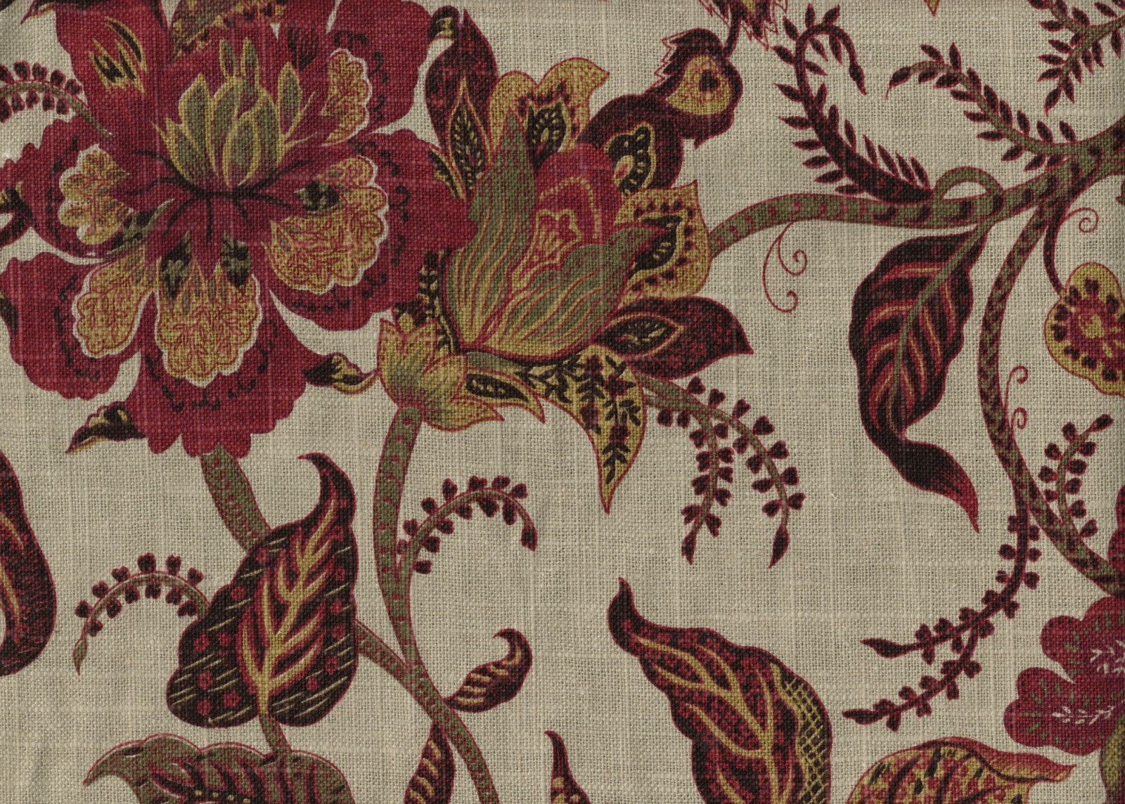 3 Yds Designer Fabric Burgundy Gold Beige Print Cotton Blend Drapery Upholstery