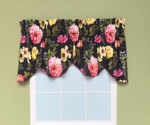 Custom Made  Window Valance Black Yellow Green Rose  Corded Cotton Lined 
