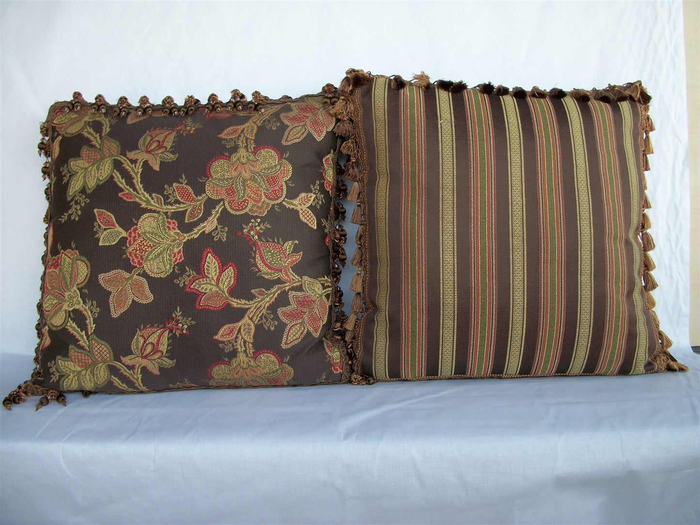 Hamilton Fabric Pair Decorator Flora Striped 22" Pillows With Trim 