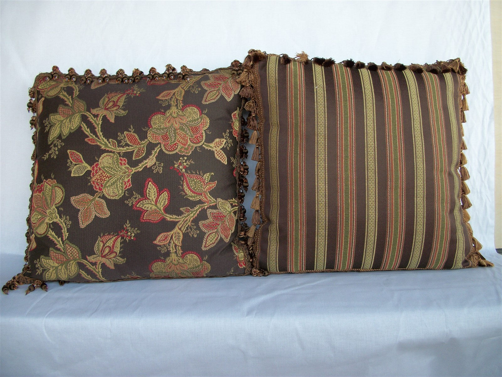 Hamilton Fabric Pair Decorator Flora Striped 22" Pillows With Trim 