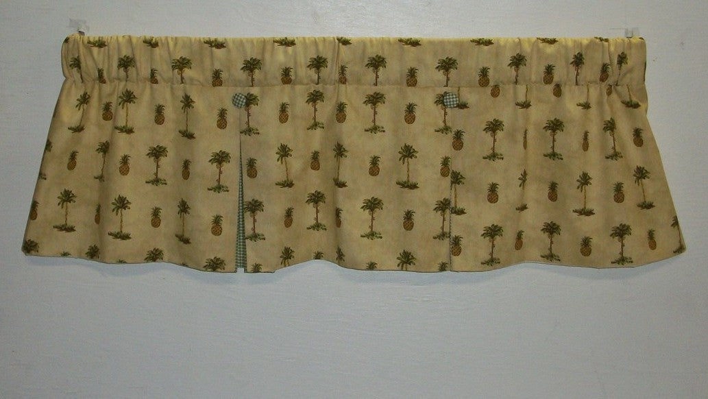 Tent Flap Valance Gold Green Brown Palm Pineapple  Checked Lined  Curtain Topper