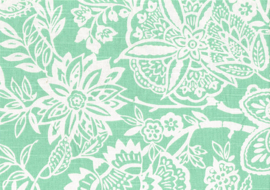 Designer Fabric Aqua White Cotton  Print Drapery Upholstery 