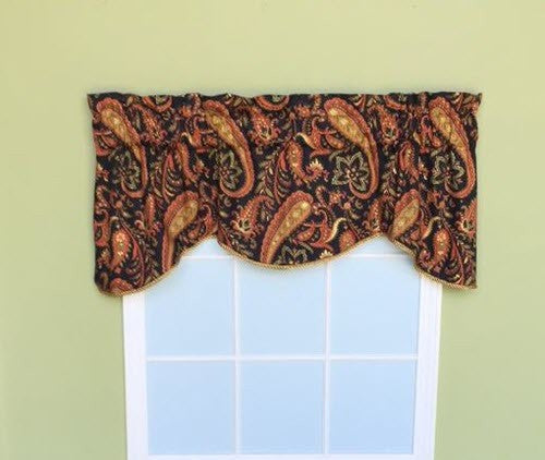 Custom Made  Window Topper  Black Red Gold Paisley  Scalloped    Corded  Lined 