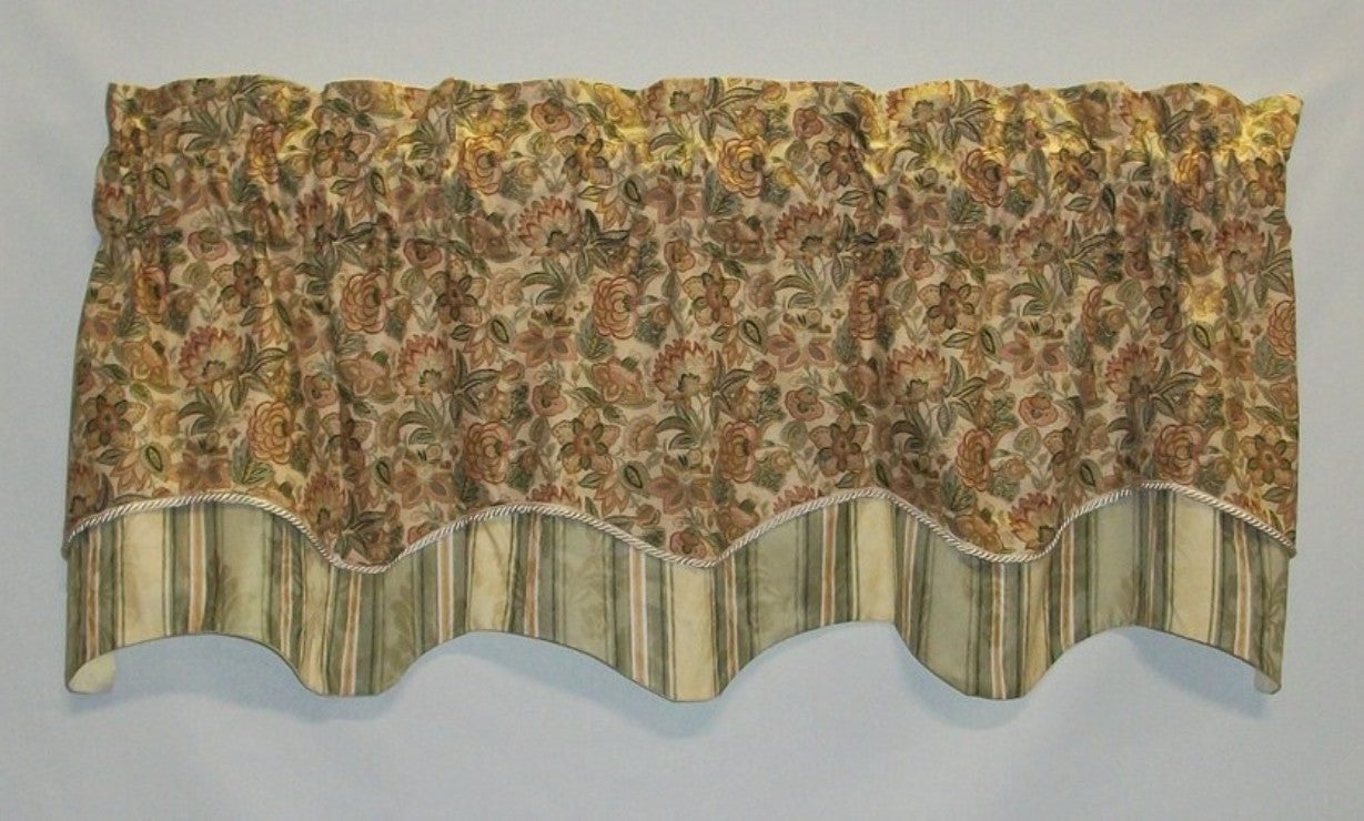 Curtain Valance Double Scalloped Green Ecru Cinnamon Floral Striped Lined Topper