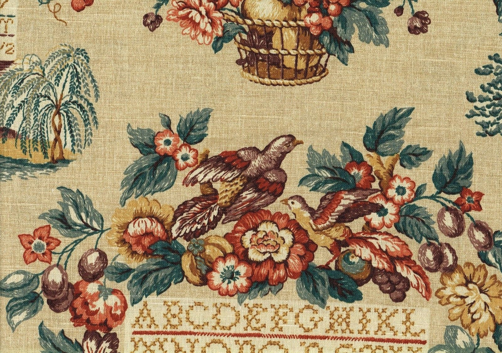Designer Fabric Gruff  Burgundy Teal Brown Gold Cotton Drapery Upholstery 