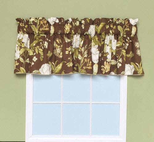 Custom Made  Window Valance Brown White Green Gold Corded Cotton Lined 