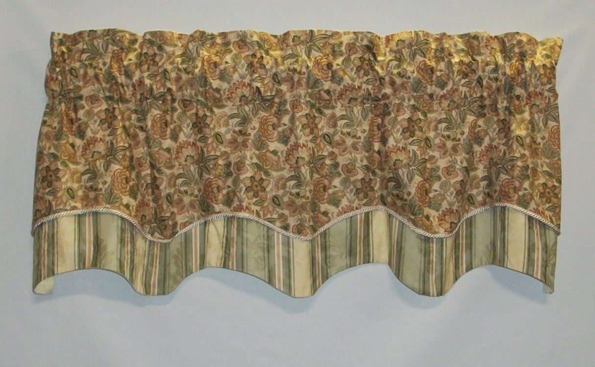 Curtain Valance Double Scalloped Green Ecru Cinnamon Floral Striped Lined Topper