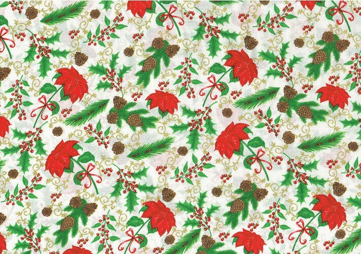 Christmas Fabric 100% Cotton Ivory Gold Metallic  Drapery Upholstery 