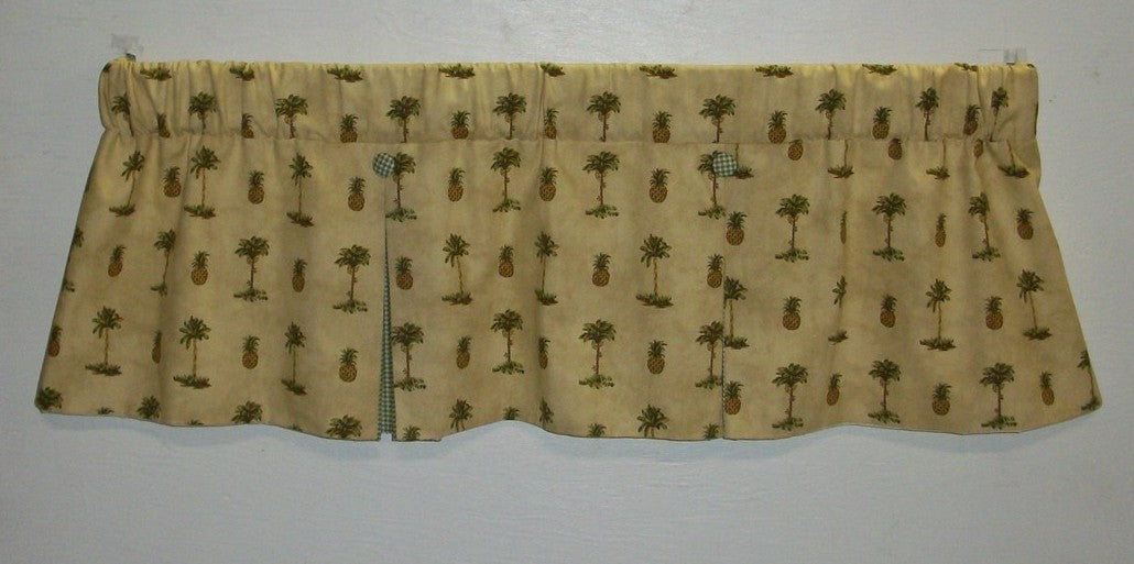Tent Flap Valance Gold Green Brown Palm Pineapple  Checked Lined  Curtain Topper