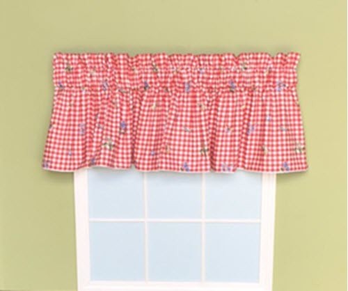 Custom Made Valance  Red and White Checked with Blue Flower Green Leaves Cotton 