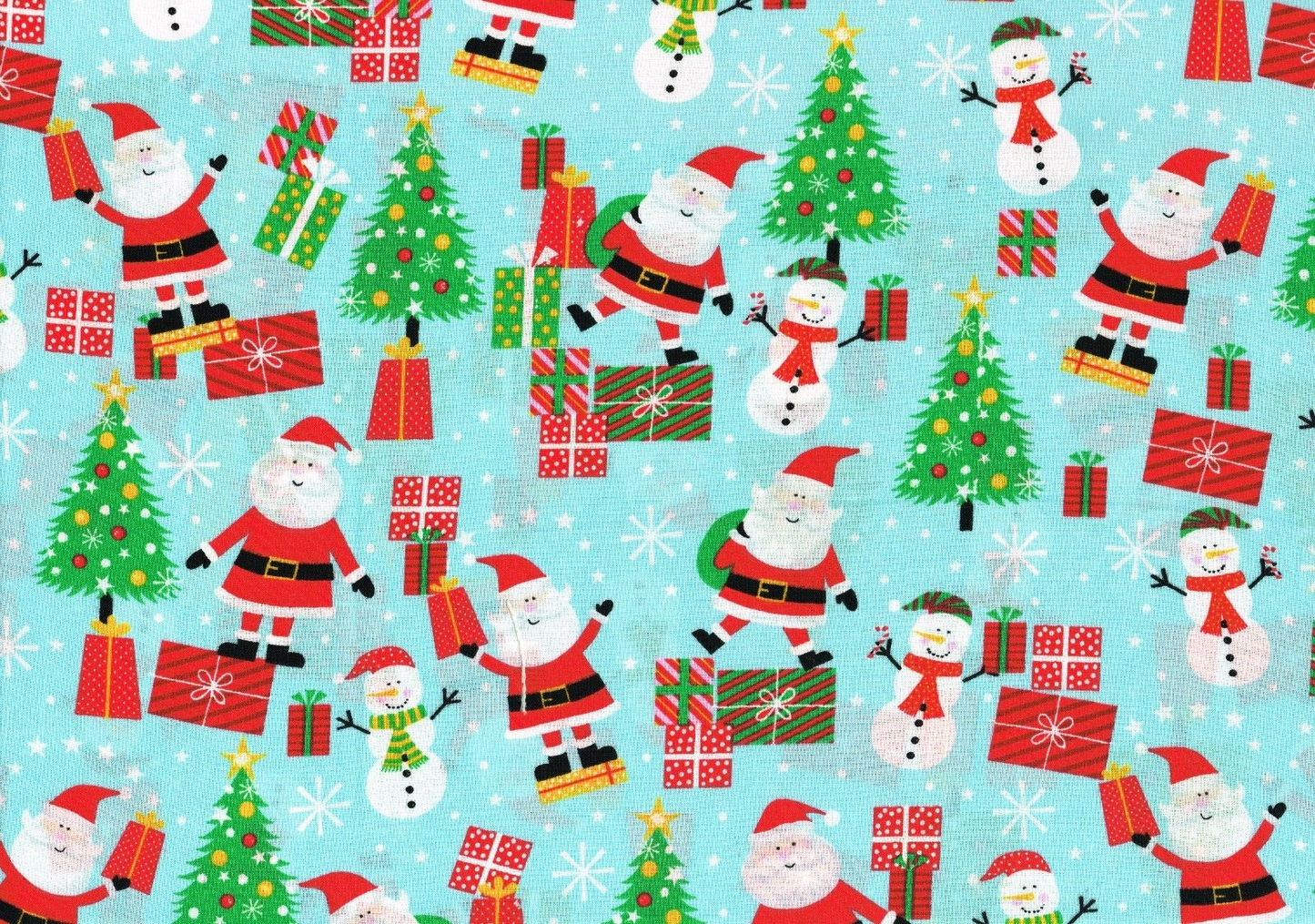 Christmas Fabric 100% Cotton Santa Claus Aqua Red Green White Drapery Upholstery