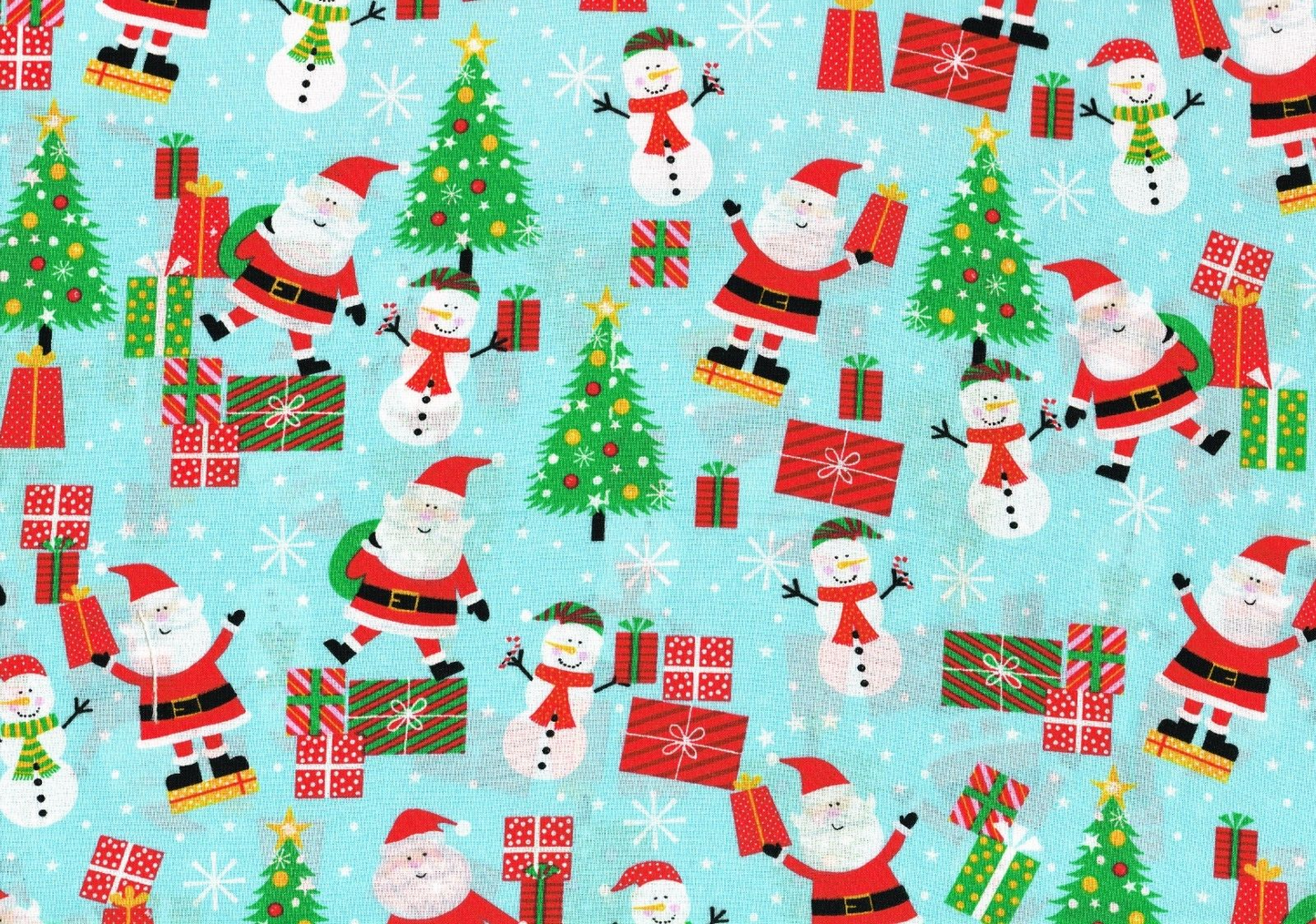 Christmas Fabric 100% Cotton Santa Claus Aqua Red Green White Drapery Upholstery