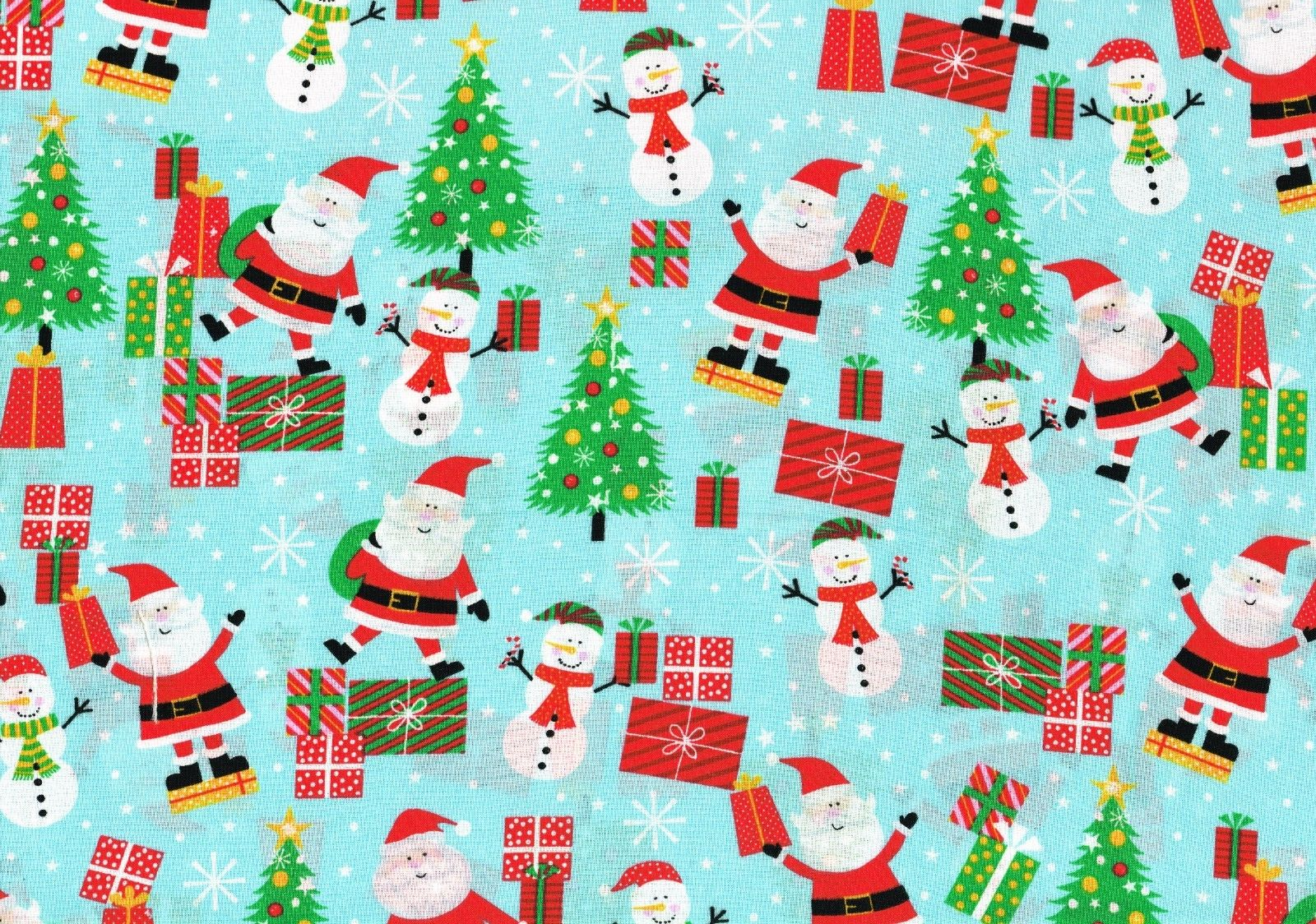 Christmas Fabric 100% Cotton Santa Claus Aqua Red Green White Drapery Upholstery