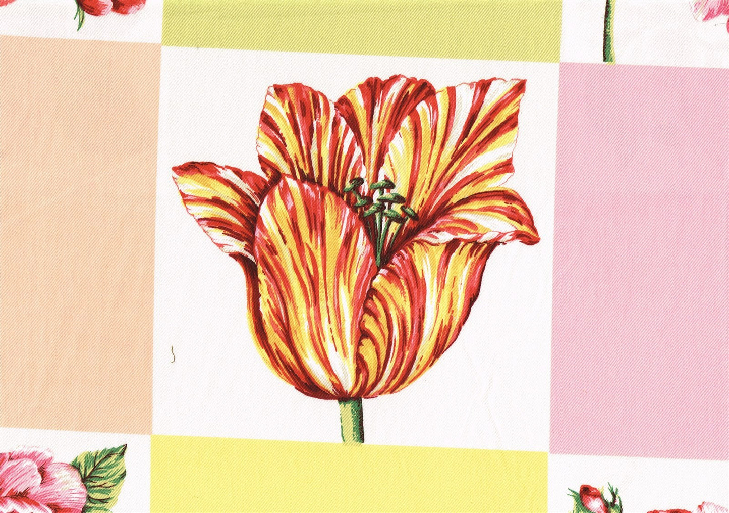 Braemore Fabric Peach Yellow Lime Pink Squares Floral Cotton Drapery Upholstery 