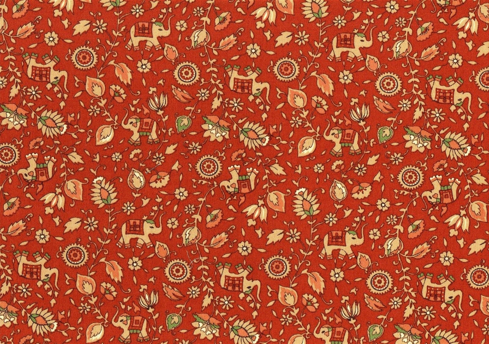 Suburban Fabric Elephants Red Green Salmon Khaki Cotton Drapery 