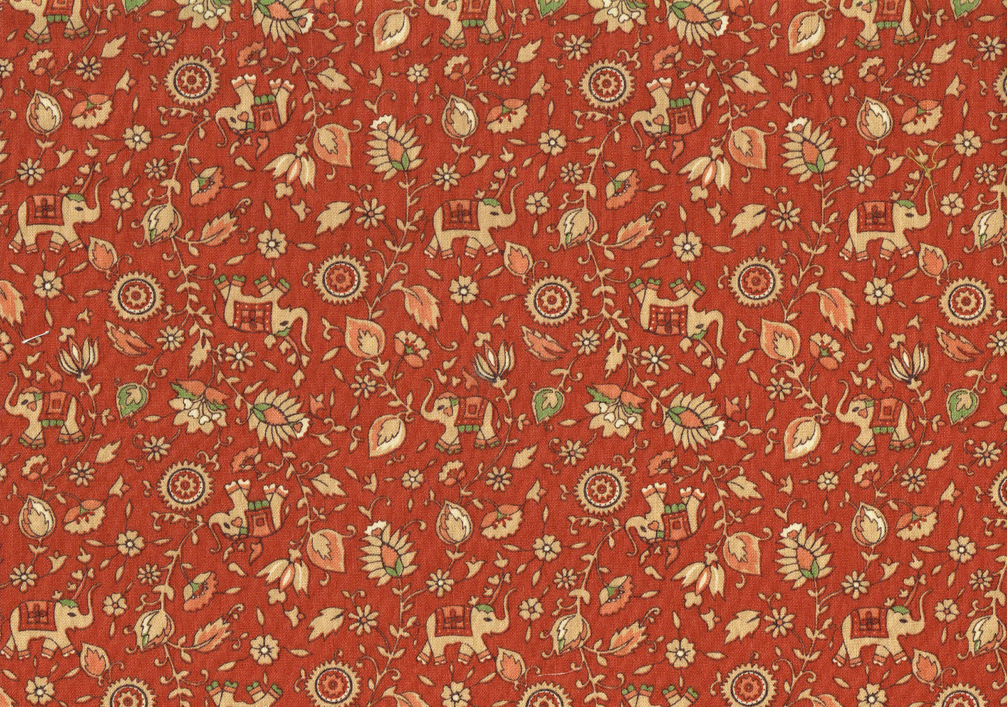 Suburban Fabric Elephants Cinnamin Green Salmon Khaki Cotton Drapery 
