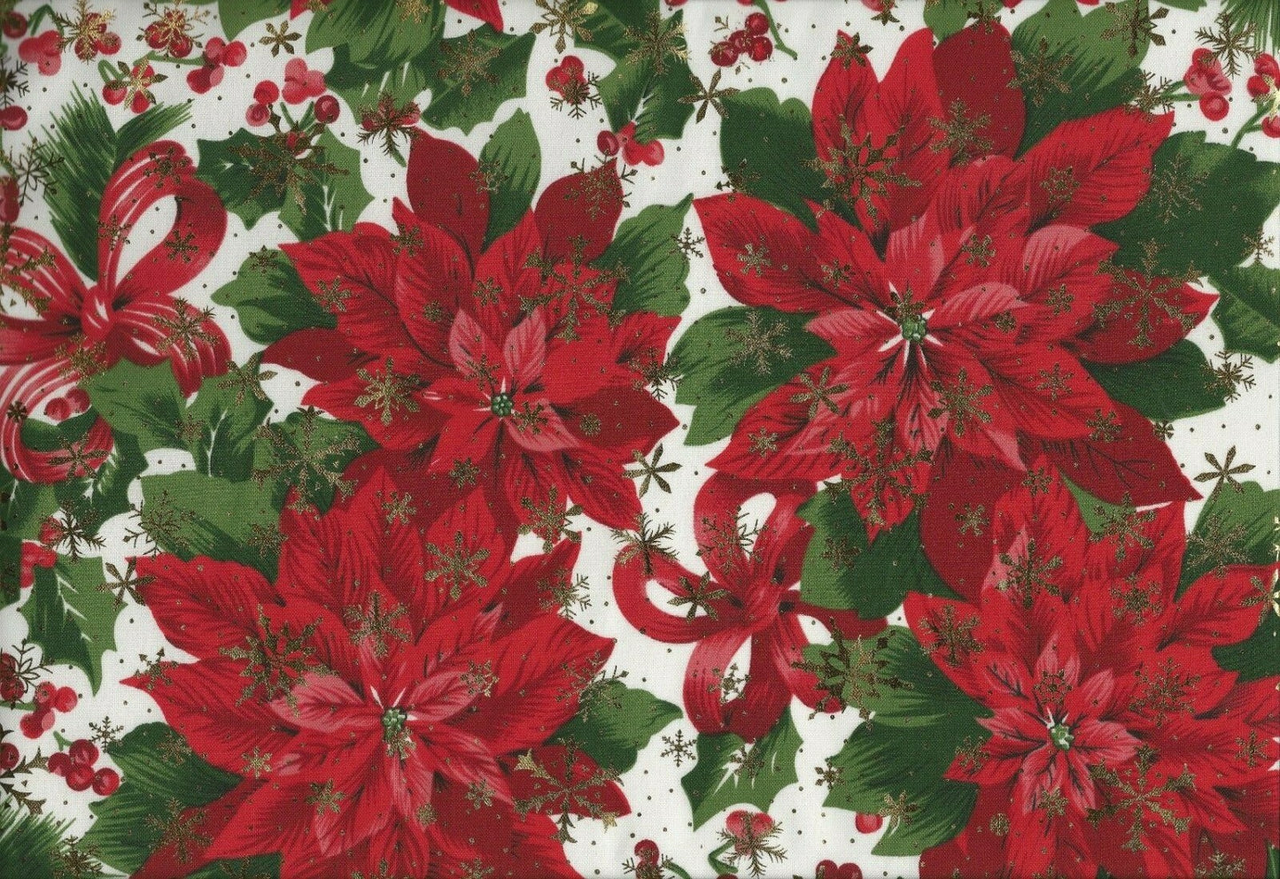 Designer Christmas Fabric Poinsettia Red Green White Polyester Tablecloth   