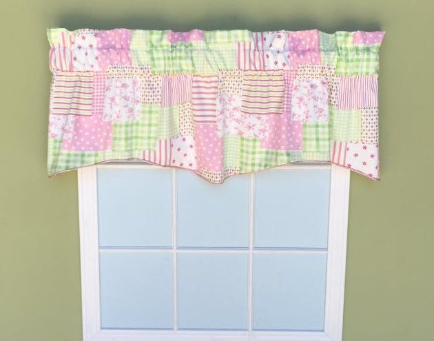 Custom Made  Window Topper Pink White Green  Corded Cotton Patchwork 