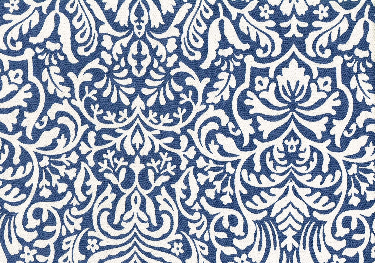Designer Fabric Blue Off White Scroll  Print Cotton Drapery Upholstery
