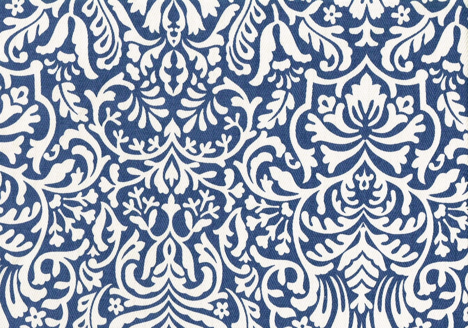 Designer Fabric Blue Off White Scroll  Print Cotton Drapery Upholstery