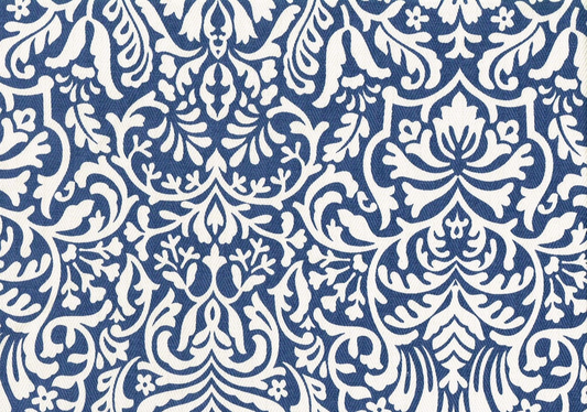Designer Fabric Blue Off White Scroll  Print Cotton Drapery Upholstery