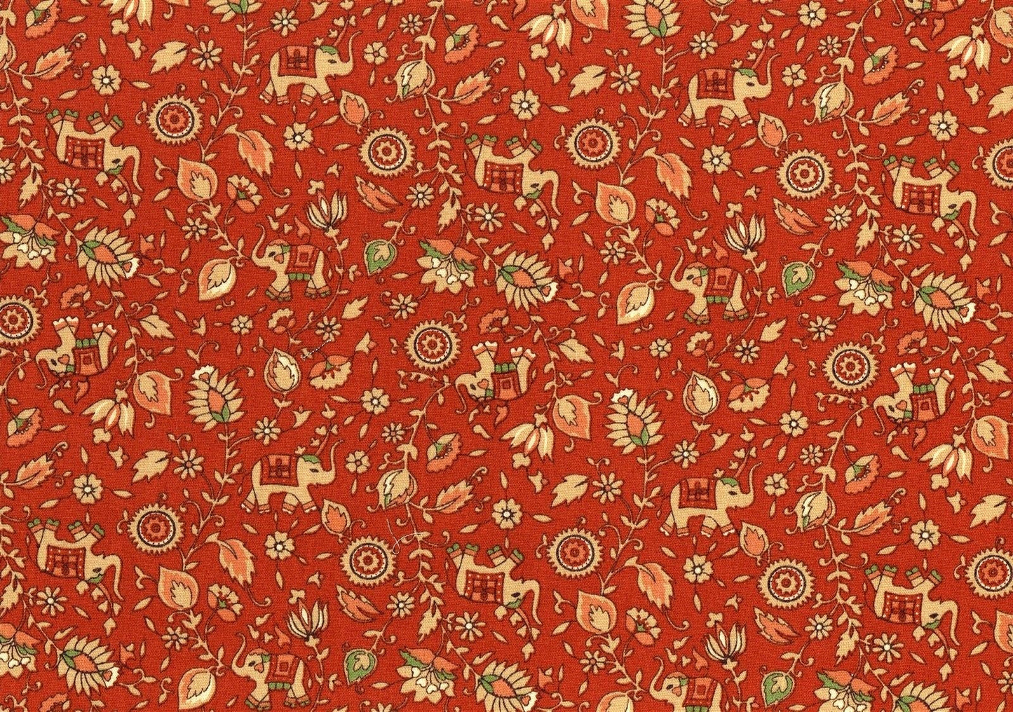 Suburban Fabric Elephants Red Green Salmon Khaki Cotton Drapery 