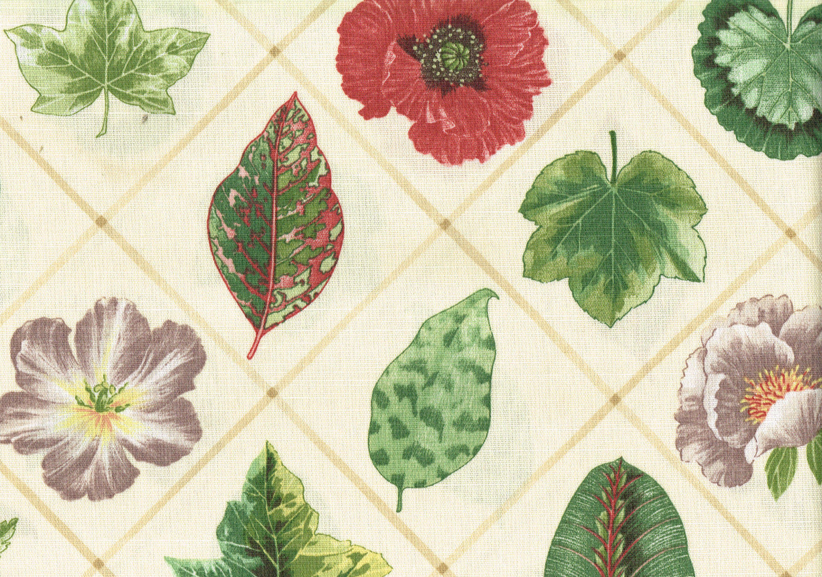  PKaufmann Fabric Diamond Floral Leaves Ecru Red  Drapery Upholstery