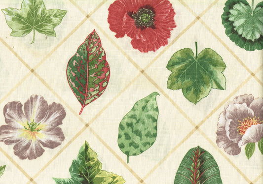  PKaufmann Fabric Diamond Floral Leaves Ecru Red  Drapery Upholstery