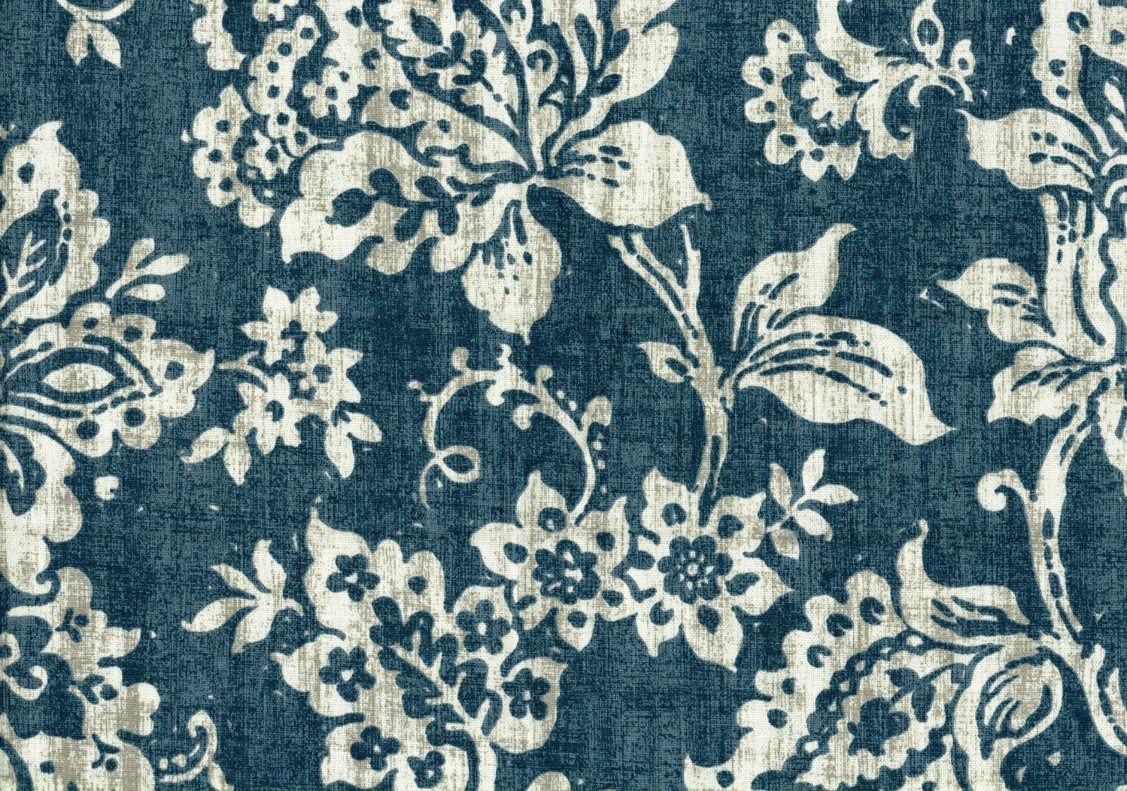 6 Yds Mill Creek Fabric Navy Tan Off White Floral  Cotton Drapery Upholstery