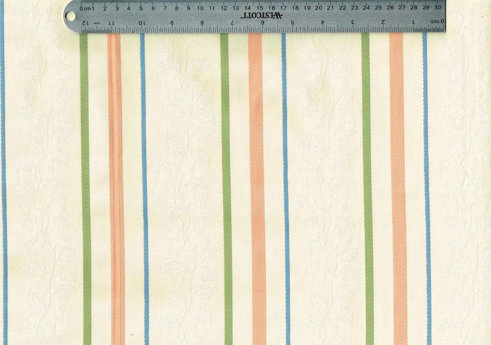 3 Yards Designer Fabric Ecru Green Coral Striped Damask  Drapery Upholstery 