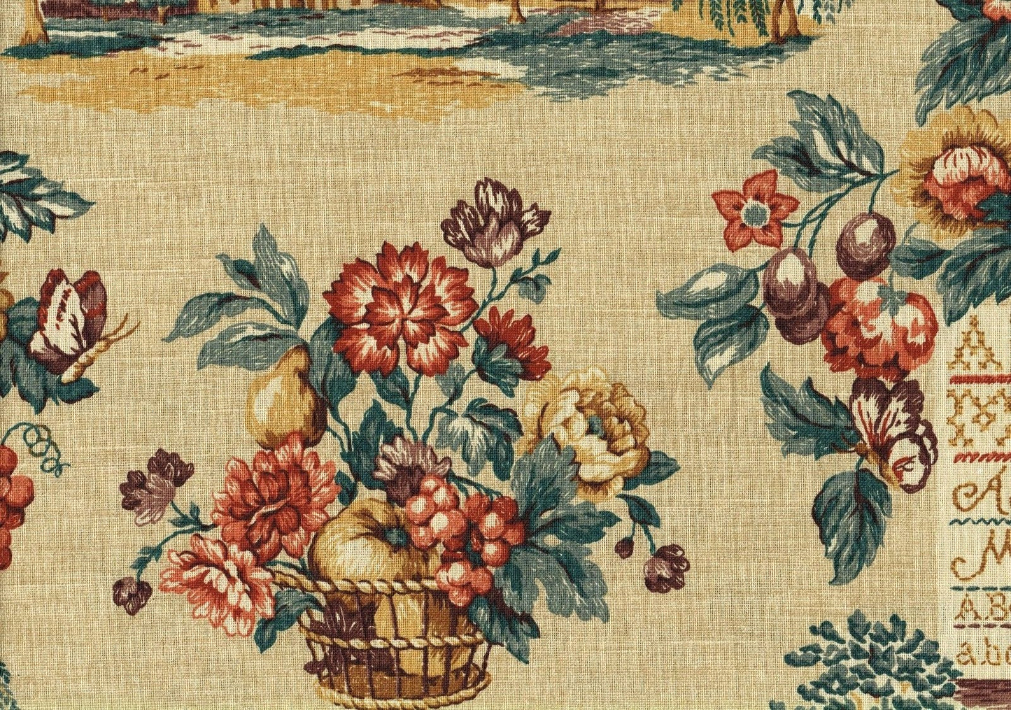 Designer Fabric Gruff  Burgundy Teal Brown Gold Cotton Drapery Upholstery 