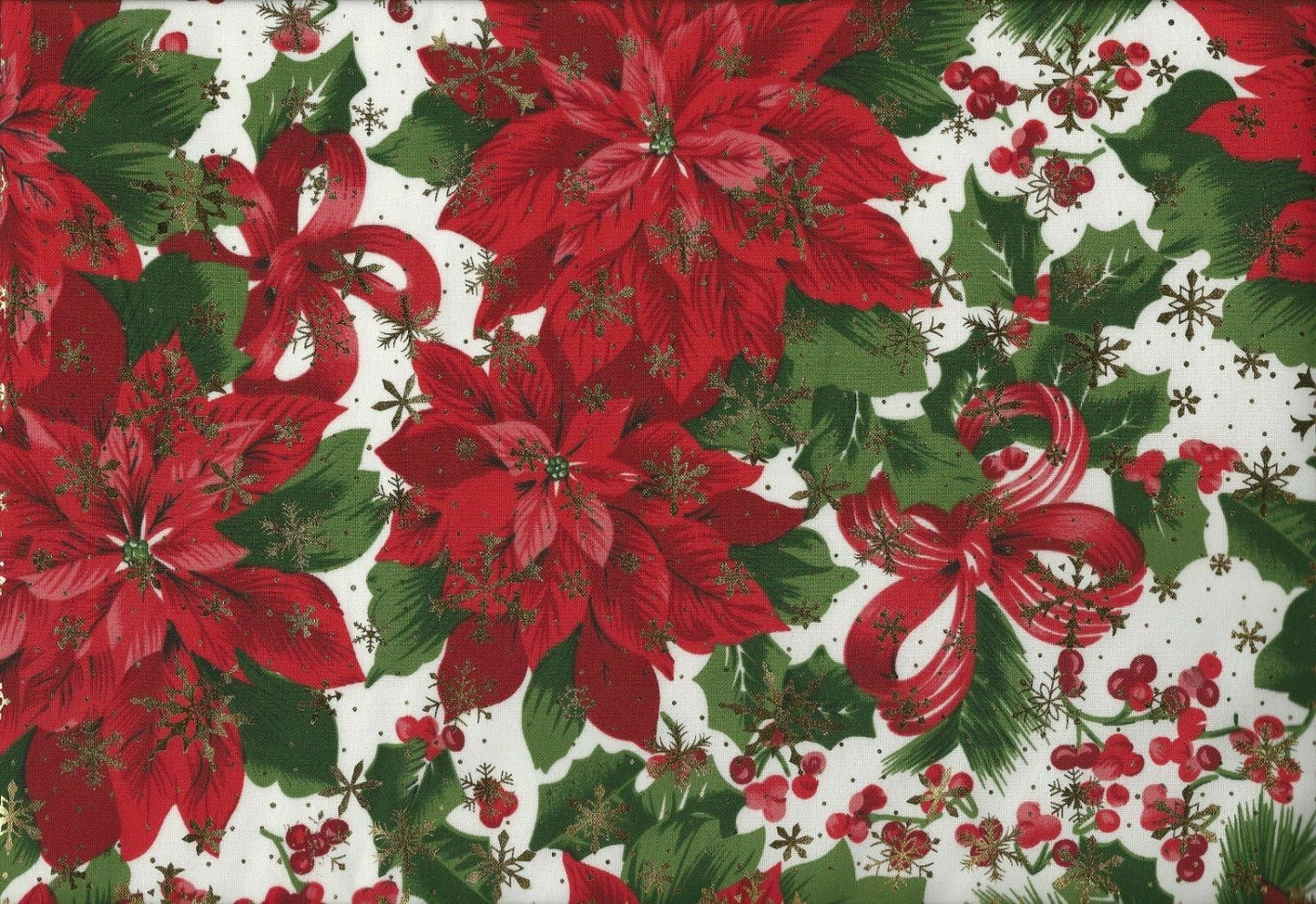Designer Christmas Fabric Poinsettia Red Green White Polyester Tablecloth   