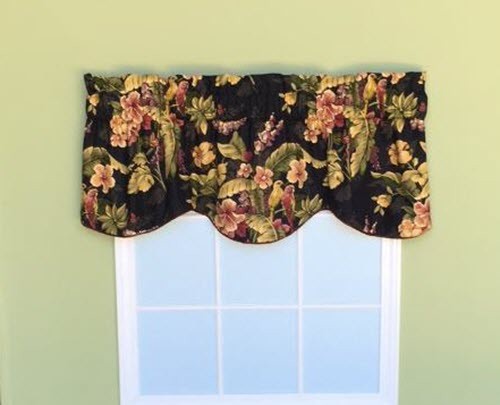 Custom Made  Window Topper  Black Burgundy Green Birds  Corded  Lined 