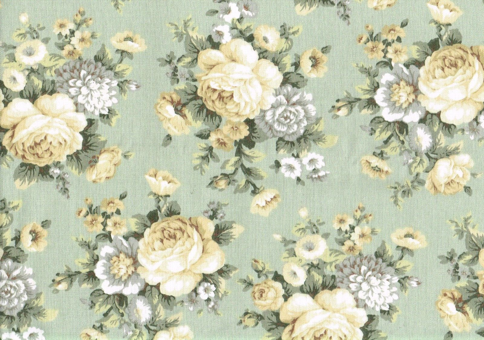 6 Yds Designer Fabric Green Beige White Floral Drapery Upholstery