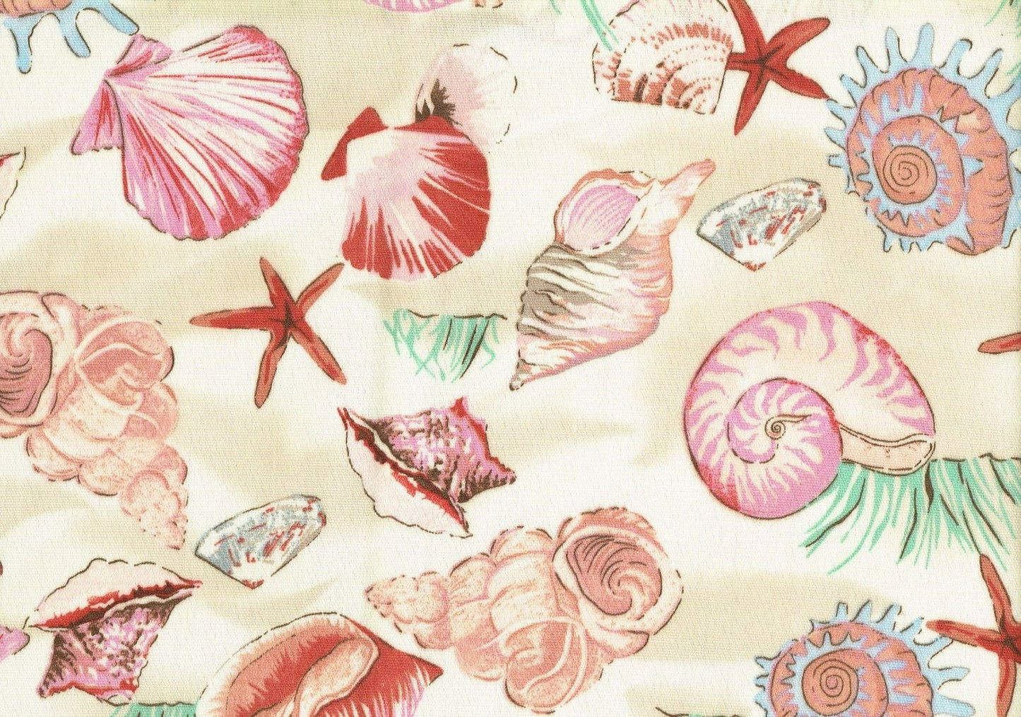 Designer Fabric  Seashells Tan Coral Blue Indoor/Outdoor   Drapery Upholstery