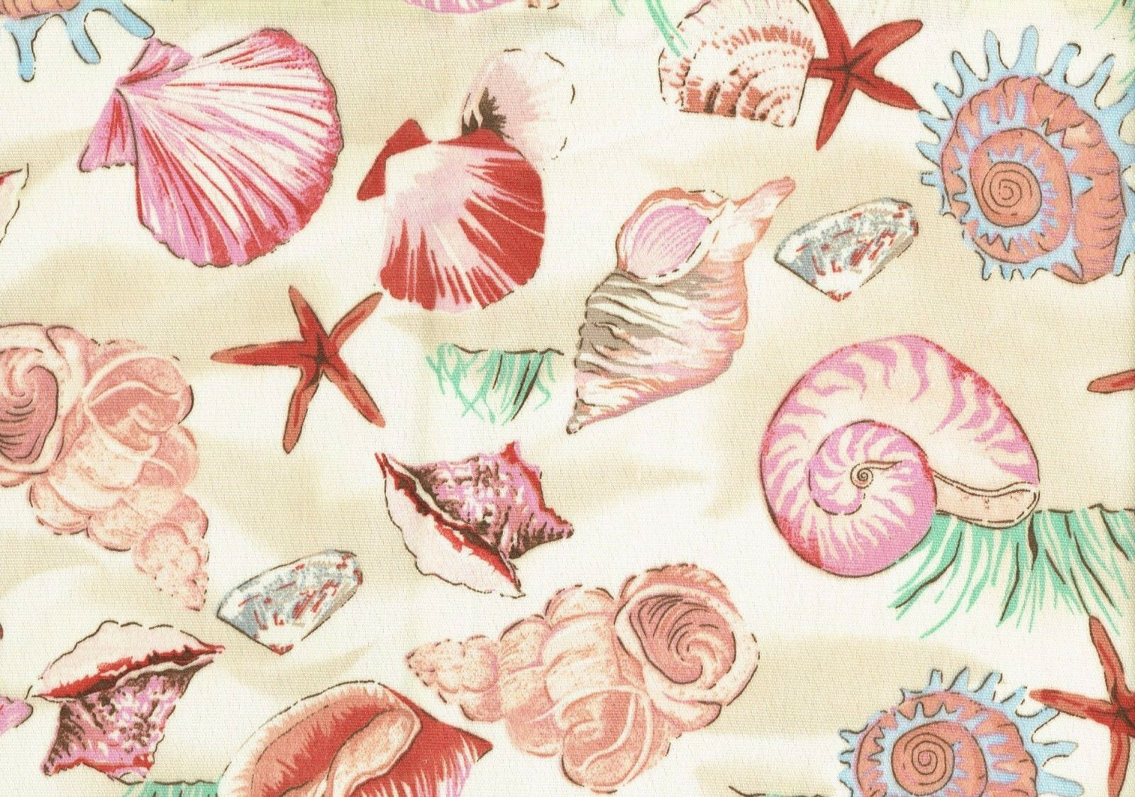 Designer Fabric  Seashells Tan Coral Blue Indoor/Outdoor   Drapery Upholstery