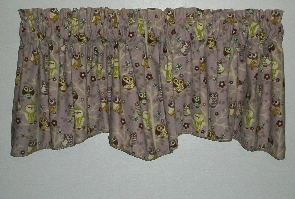 M Valance PKaufmann Owl Lavender Brown Lime Gray Children Topper Lined Corded   
