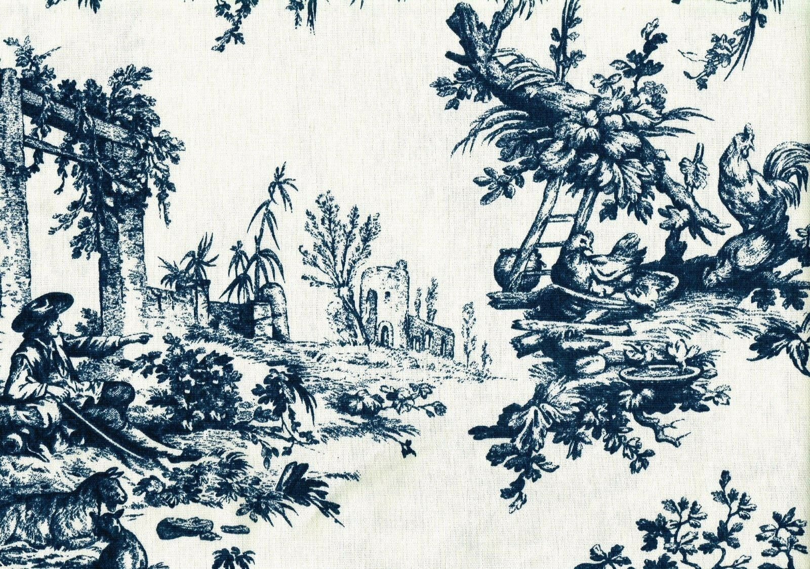 1 Yd Designer Fabric Black Off White Toile  Cotton  Drapery Upholstery