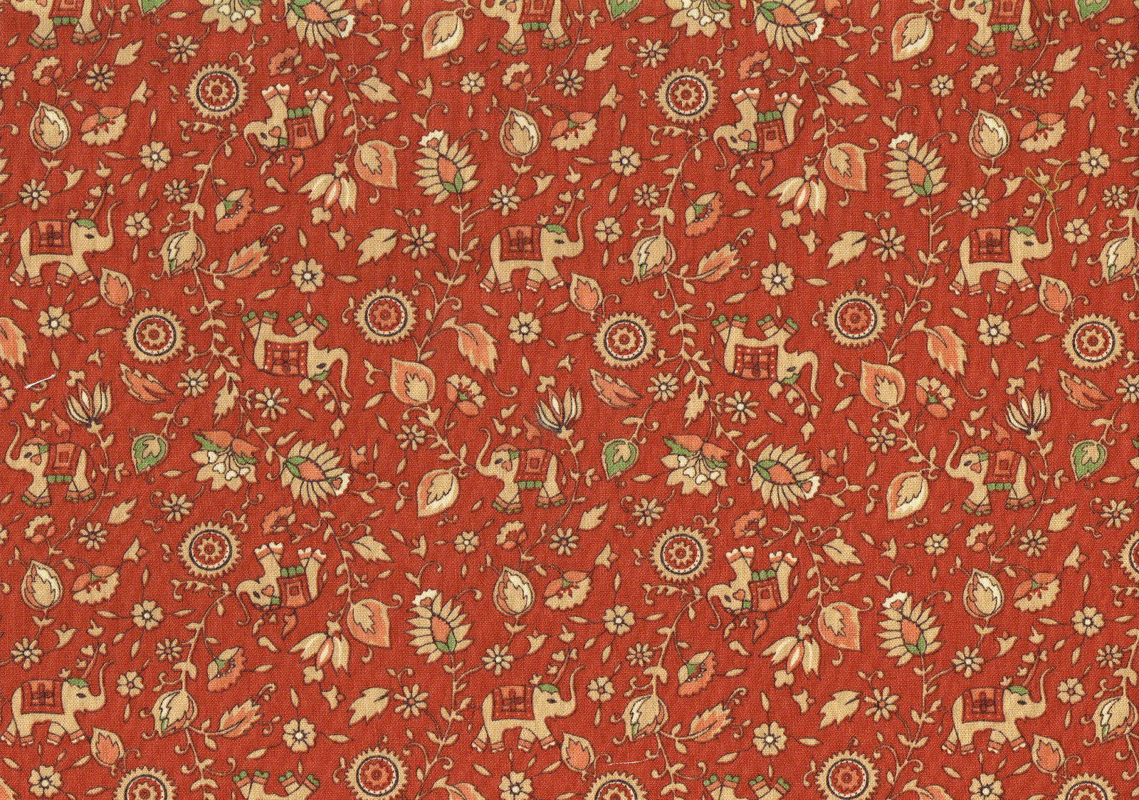 Suburban Fabric Elephants Cinnamin Green Salmon Khaki Cotton Drapery 