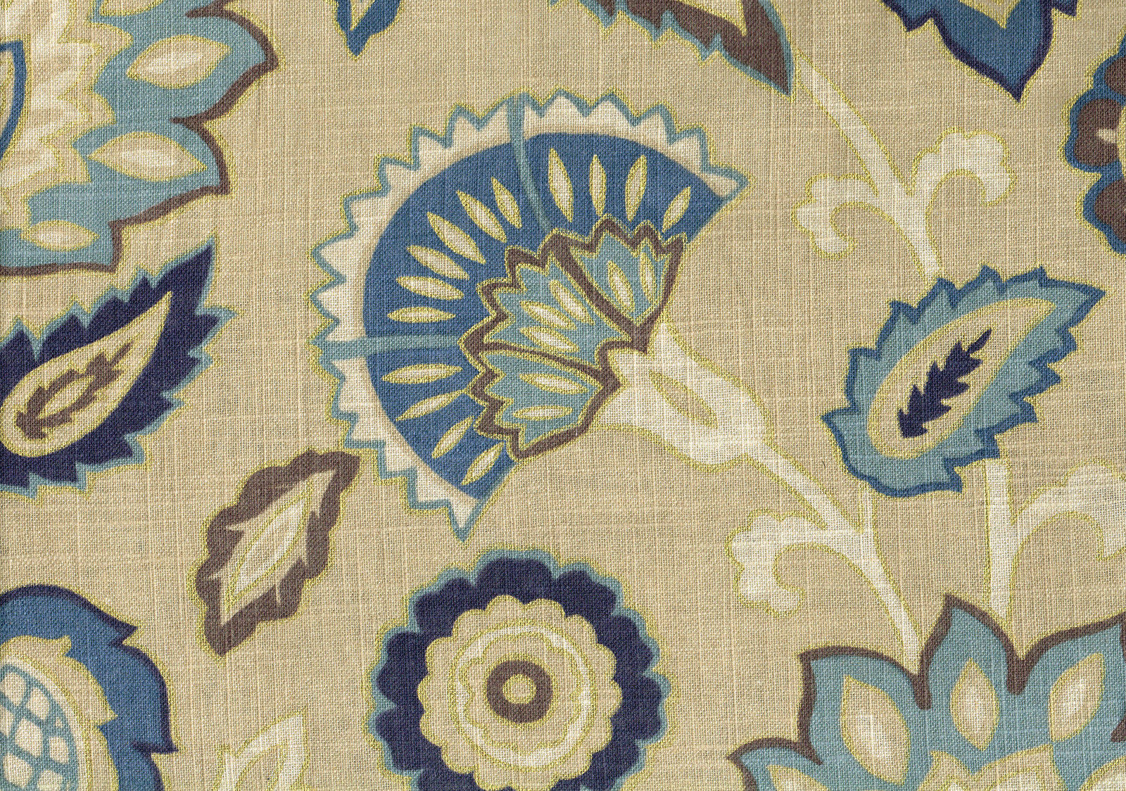 PKaufmann Fabric Khaki Brown Blue Gold Floral Drapery Upholstery 